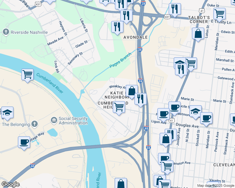 map of restaurants, bars, coffee shops, grocery stores, and more near 1225A Katie Avenue in Nashville