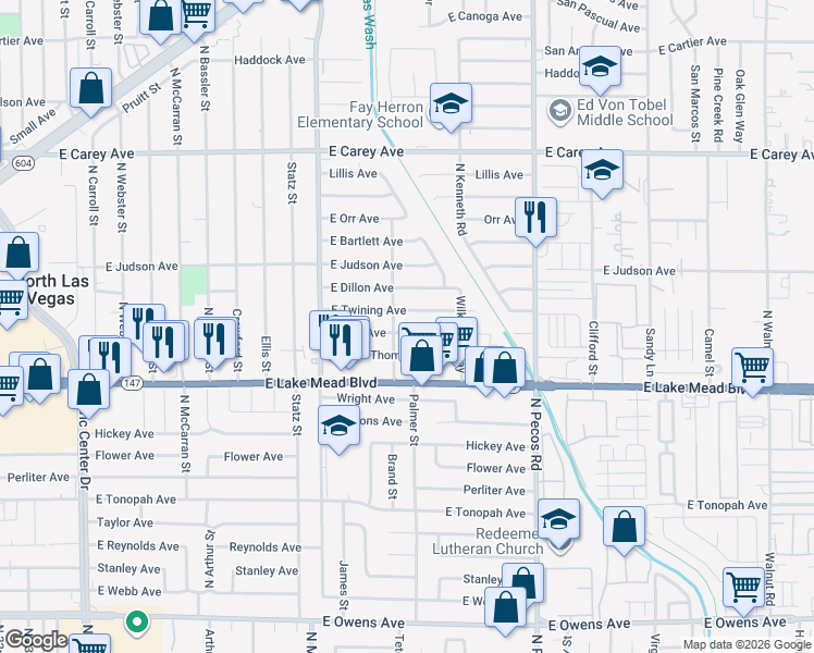 map of restaurants, bars, coffee shops, grocery stores, and more near 3308 Tabor Avenue in North Las Vegas