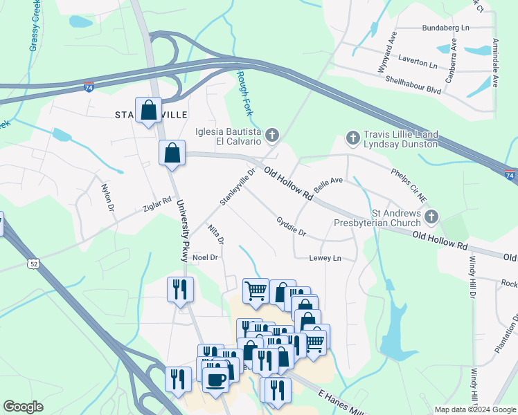 map of restaurants, bars, coffee shops, grocery stores, and more near 5544 Gyddie Drive in Winston-Salem