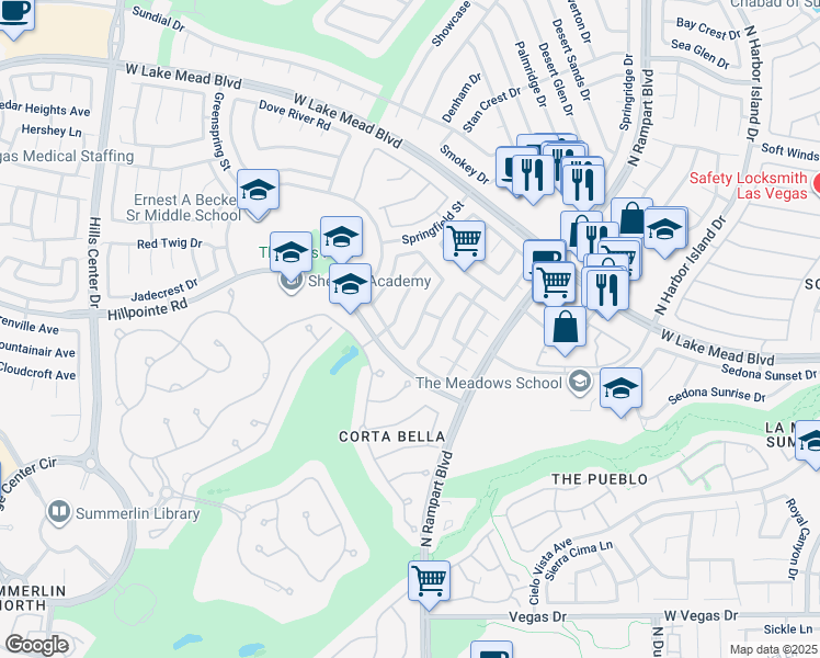 map of restaurants, bars, coffee shops, grocery stores, and more near 2108 Hillsgate Street in Las Vegas
