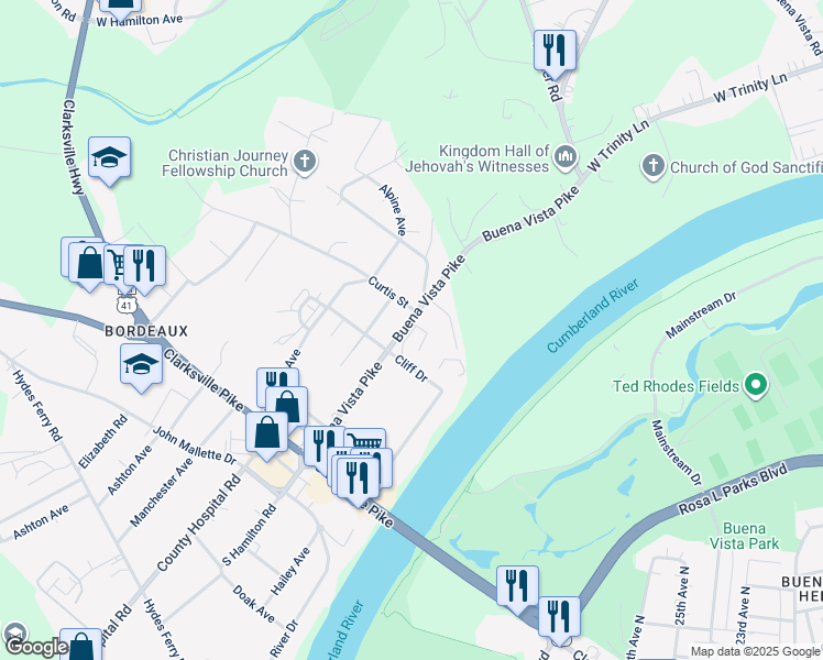 map of restaurants, bars, coffee shops, grocery stores, and more near 3101 Curtis Street in Nashville