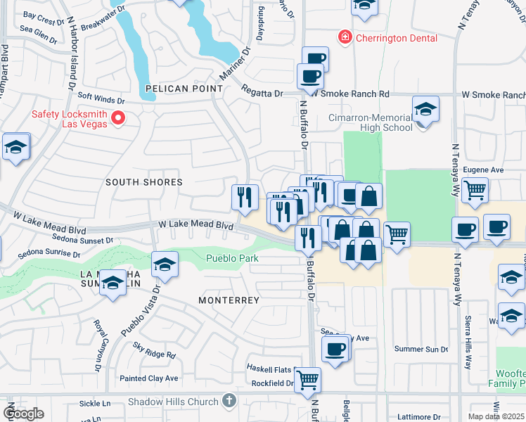 map of restaurants, bars, coffee shops, grocery stores, and more near 7674 West Lake Mead Boulevard in Las Vegas