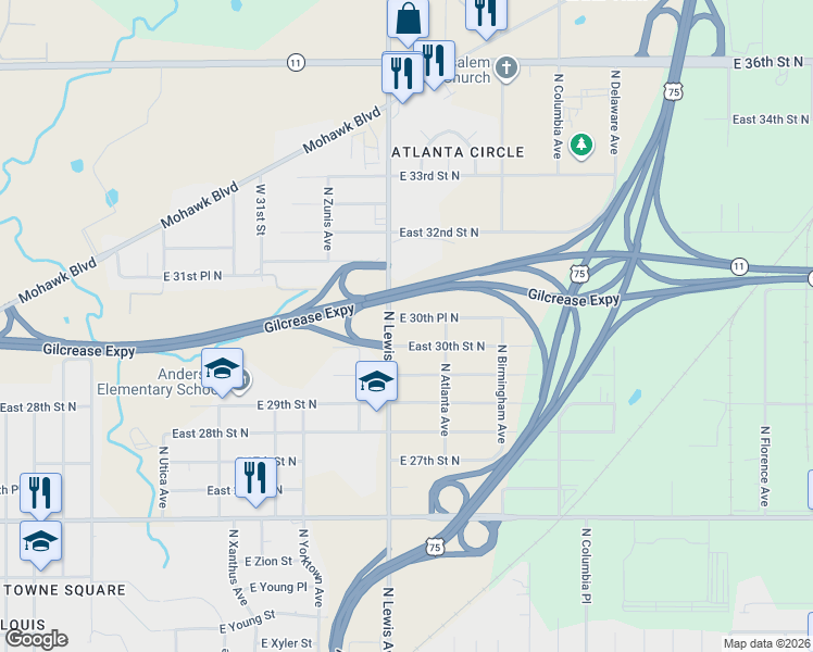 map of restaurants, bars, coffee shops, grocery stores, and more near 3031 North Lewis Avenue in Tulsa