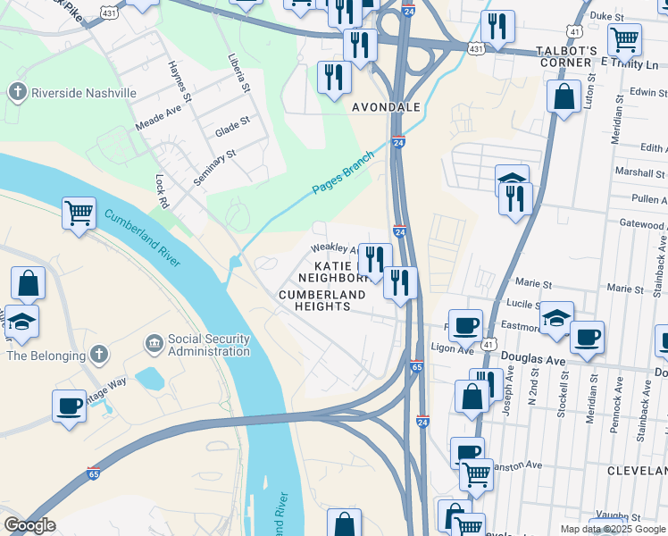 map of restaurants, bars, coffee shops, grocery stores, and more near 1225A Katie Avenue in Nashville