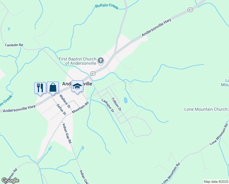 map of restaurants, bars, coffee shops, grocery stores, and more near 114 Blue Phlox Lane in Andersonville