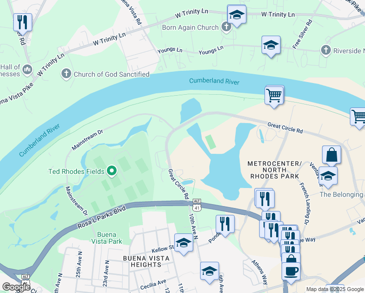 map of restaurants, bars, coffee shops, grocery stores, and more near 500 Great Circle Road in Nashville