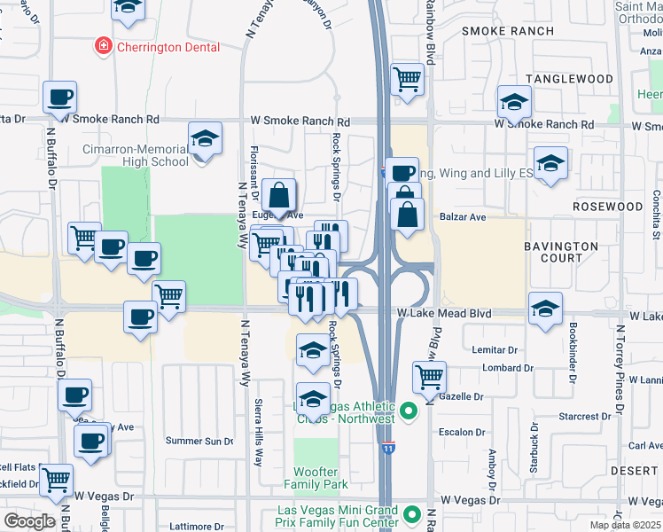 map of restaurants, bars, coffee shops, grocery stores, and more near 11 Rock Springs Drive in Las Vegas
