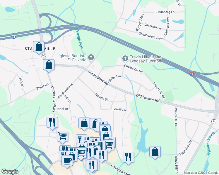 map of restaurants, bars, coffee shops, grocery stores, and more near 306 Old Hollow Road in Winston-Salem