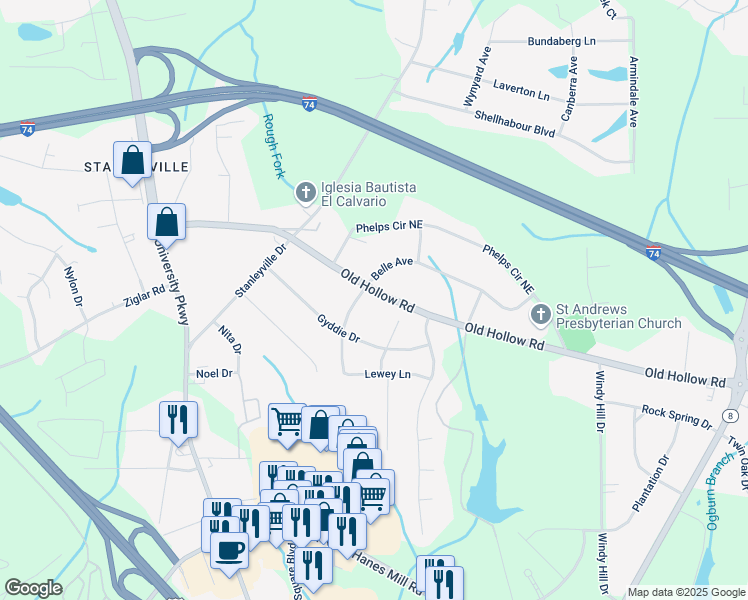 map of restaurants, bars, coffee shops, grocery stores, and more near 306 Old Hollow Road in Winston-Salem