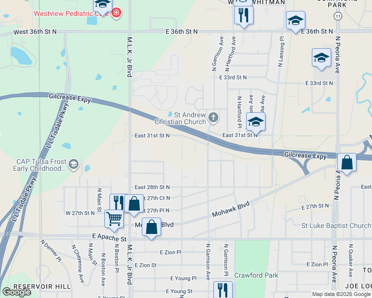 map of restaurants, bars, coffee shops, grocery stores, and more near 3016 North Frankfort Place in Tulsa
