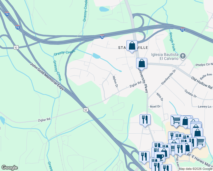 map of restaurants, bars, coffee shops, grocery stores, and more near 5825 Huckleberry Court in Winston-Salem