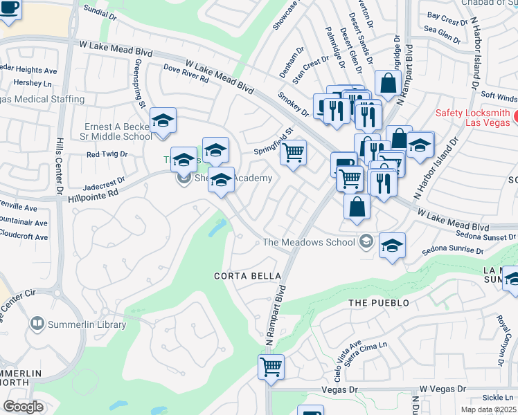 map of restaurants, bars, coffee shops, grocery stores, and more near 2108 Hillsgate Street in Las Vegas