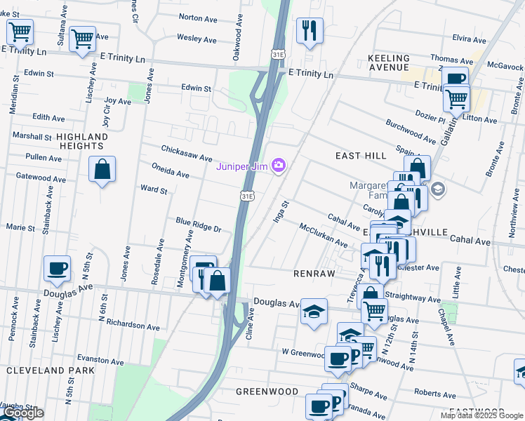 map of restaurants, bars, coffee shops, grocery stores, and more near 1517 Jewell Street in Nashville