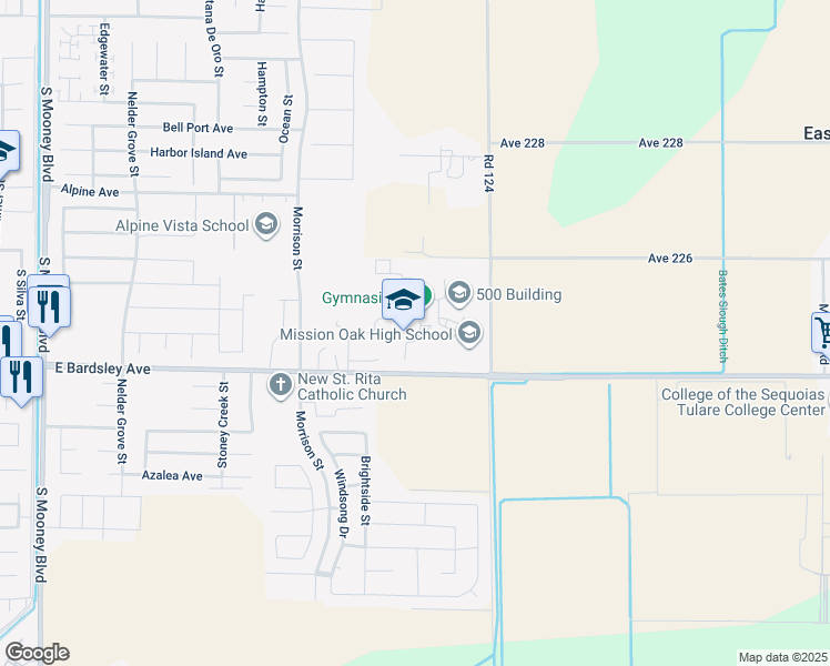 map of restaurants, bars, coffee shops, grocery stores, and more near 3442 East Bardsley Avenue in Tulare
