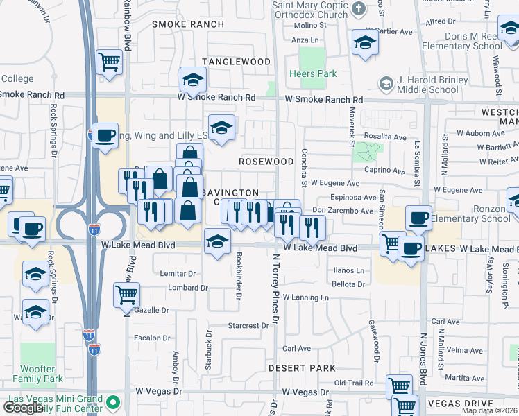 map of restaurants, bars, coffee shops, grocery stores, and more near 2051 North Torrey Pines Drive in Las Vegas
