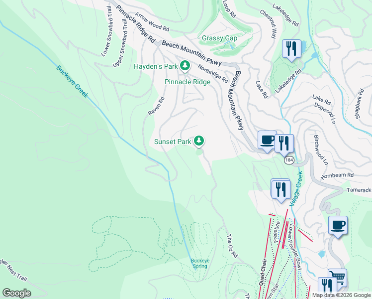 map of restaurants, bars, coffee shops, grocery stores, and more near 306 North Pinnacle Ridge Road in Beech Mountain