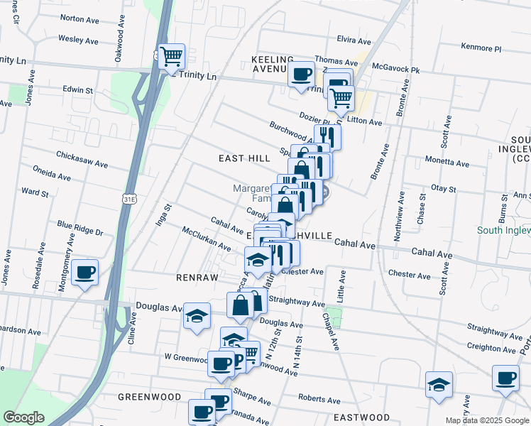 map of restaurants, bars, coffee shops, grocery stores, and more near 1017 Carolyn Avenue in Nashville