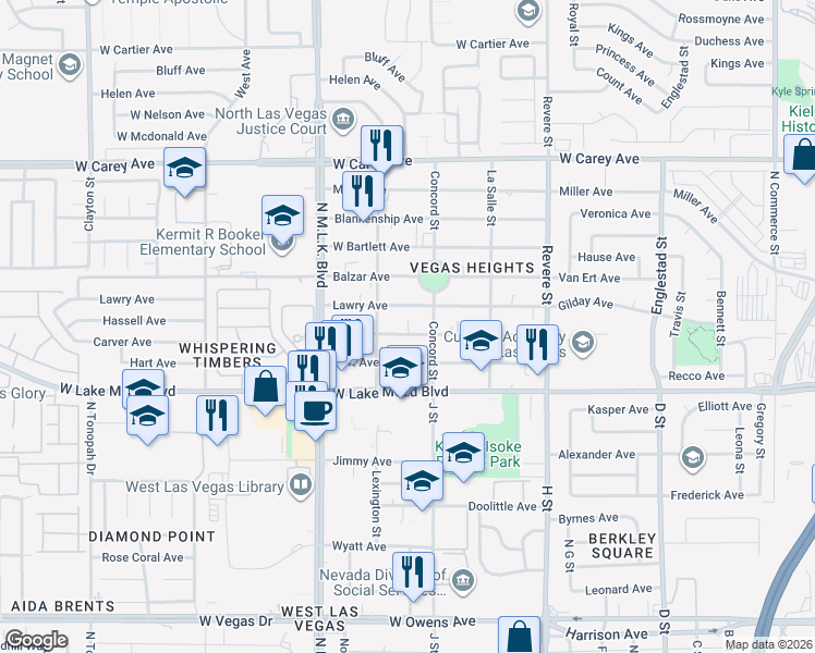 map of restaurants, bars, coffee shops, grocery stores, and more near 1260 Hassell Avenue in Las Vegas