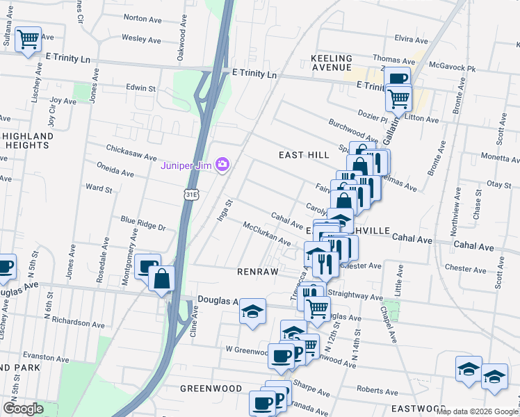 map of restaurants, bars, coffee shops, grocery stores, and more near 913B Cahal Avenue in Nashville