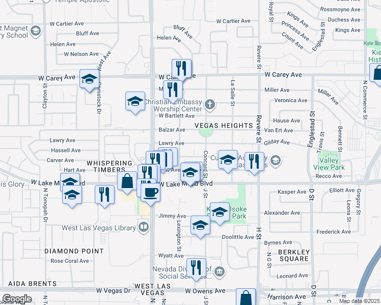 map of restaurants, bars, coffee shops, grocery stores, and more near 1260 Hassell Avenue in Las Vegas