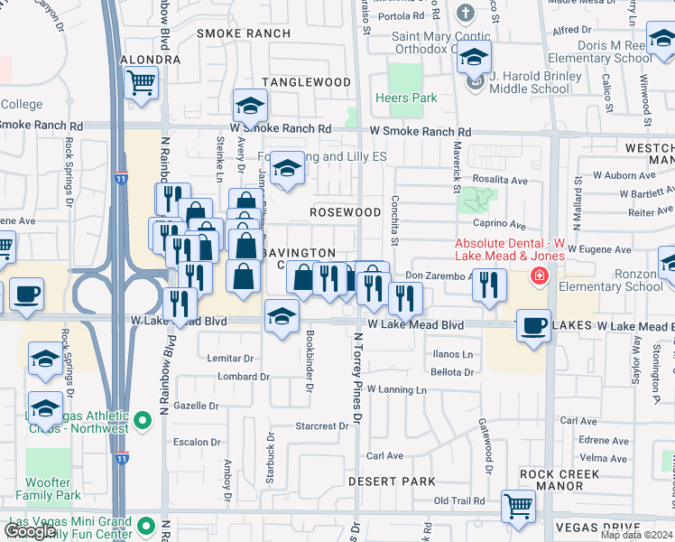 map of restaurants, bars, coffee shops, grocery stores, and more near 2051 North Torrey Pines Drive in Las Vegas