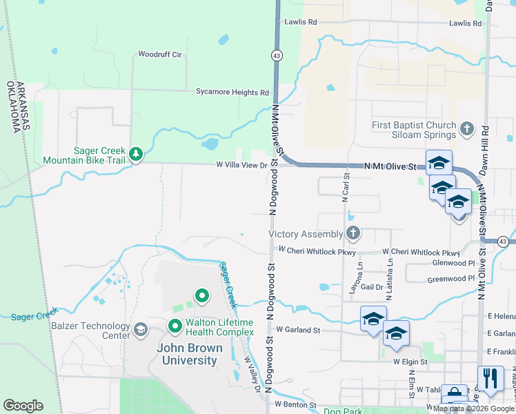 map of restaurants, bars, coffee shops, grocery stores, and more near 1403 Scout Trail in Siloam Springs