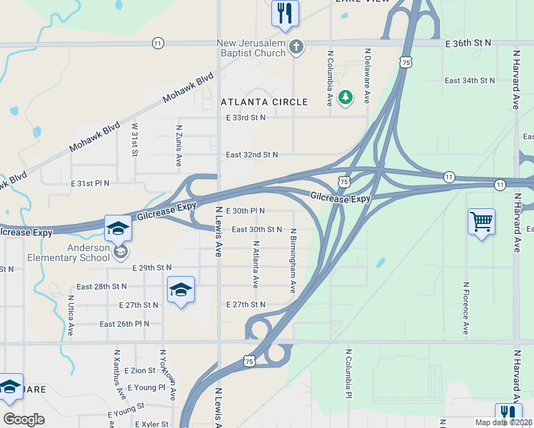 map of restaurants, bars, coffee shops, grocery stores, and more near 2519 East 30th Place North in Tulsa