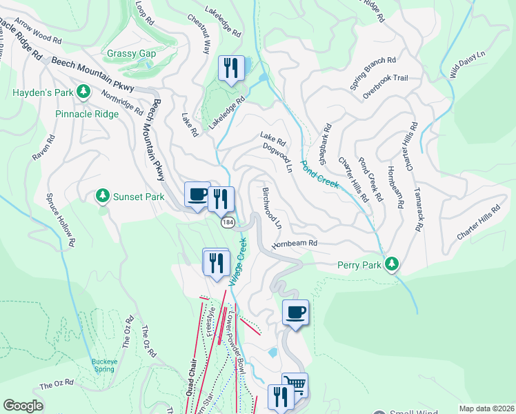 map of restaurants, bars, coffee shops, grocery stores, and more near 229 Birchwood Lane in Beech Mountain