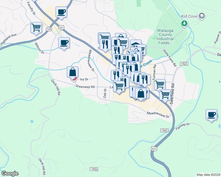 map of restaurants, bars, coffee shops, grocery stores, and more near 107 Winter Drive in Boone