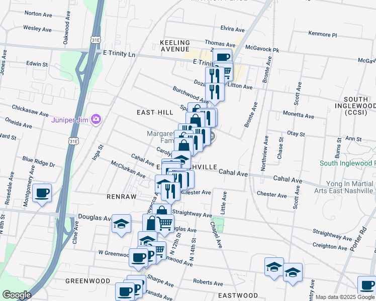 map of restaurants, bars, coffee shops, grocery stores, and more near 2617 Gallatin Pike in Nashville