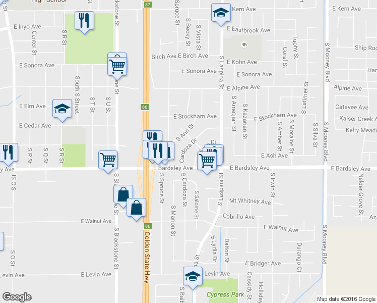 map of restaurants, bars, coffee shops, grocery stores, and more near 952 Cardoza Drive in Tulare