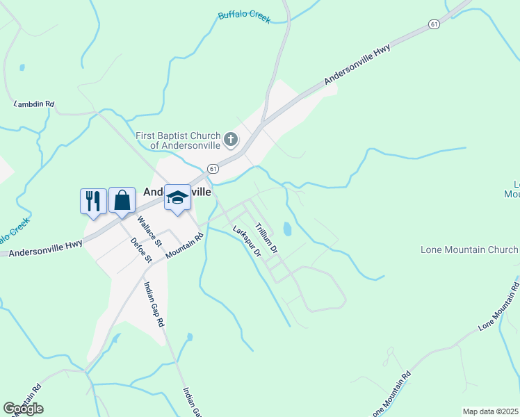 map of restaurants, bars, coffee shops, grocery stores, and more near 114 Blue Phlox Lane in Andersonville