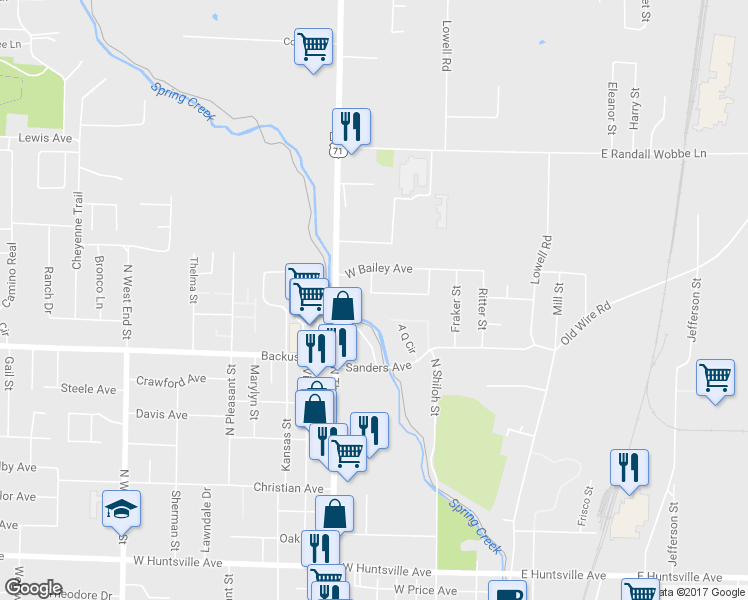 map of restaurants, bars, coffee shops, grocery stores, and more near 807 Kay Sue Drive in Springdale