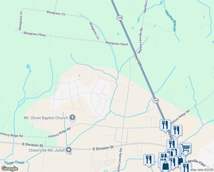 map of restaurants, bars, coffee shops, grocery stores, and more near 6775 Hickory Ridge Road in Lebanon