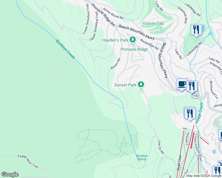 map of restaurants, bars, coffee shops, grocery stores, and more near 143 Raven Road in Beech Mountain