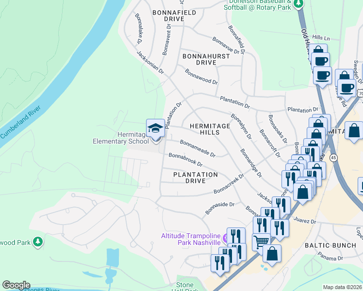map of restaurants, bars, coffee shops, grocery stores, and more near 5005 Bonnameade Drive in Nashville