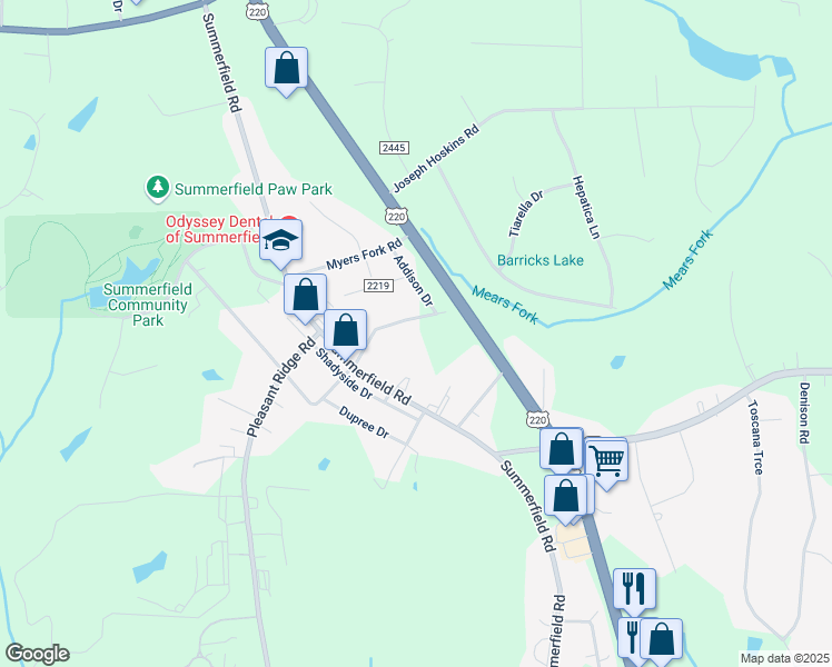 map of restaurants, bars, coffee shops, grocery stores, and more near 4911 Rhondan Road in Summerfield