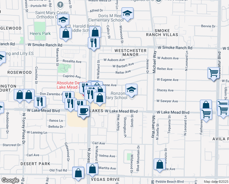 map of restaurants, bars, coffee shops, grocery stores, and more near 2115 Winwood Street in Las Vegas