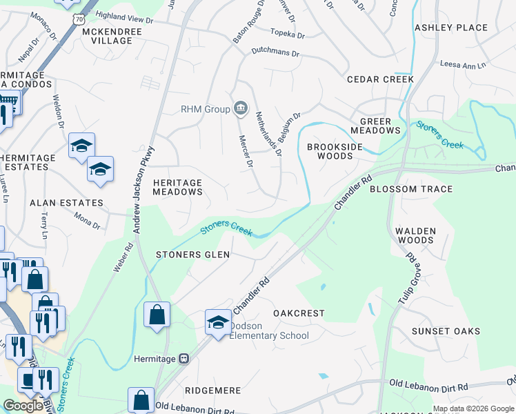 map of restaurants, bars, coffee shops, grocery stores, and more near 812 Netherlands Drive in Nashville