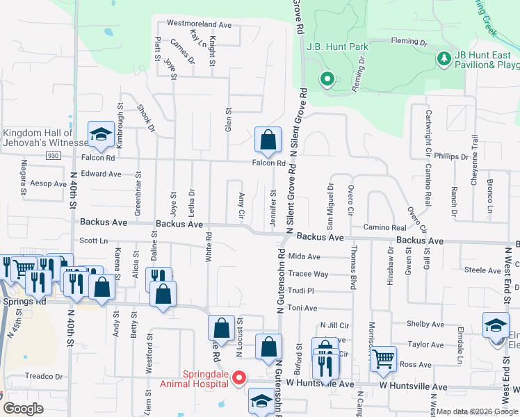 map of restaurants, bars, coffee shops, grocery stores, and more near 1473 Jim's Place in Springdale