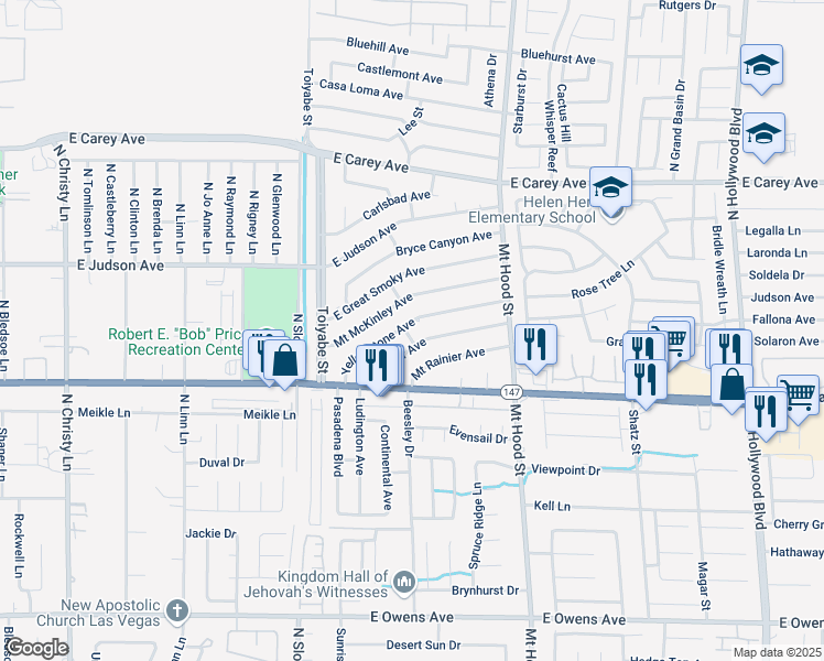 map of restaurants, bars, coffee shops, grocery stores, and more near 6097 Yellowstone Avenue in Las Vegas