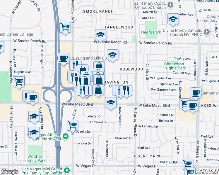 map of restaurants, bars, coffee shops, grocery stores, and more near 2104 Bavington Drive in Las Vegas