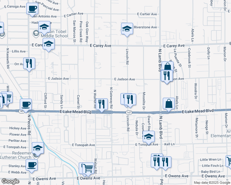 map of restaurants, bars, coffee shops, grocery stores, and more near 2134 North Gateway Road in Las Vegas