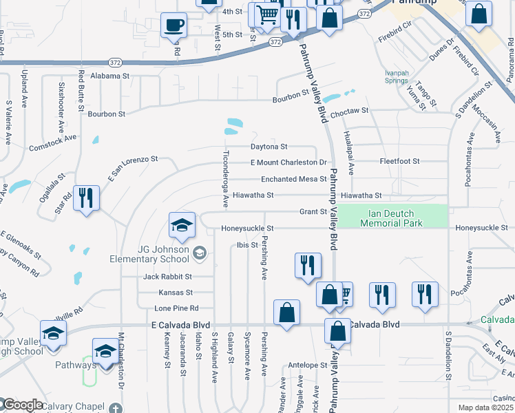 map of restaurants, bars, coffee shops, grocery stores, and more near 1140 Grant Street in Pahrump