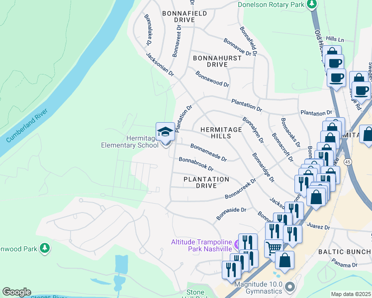 map of restaurants, bars, coffee shops, grocery stores, and more near 5005 Bonnameade Drive in Nashville