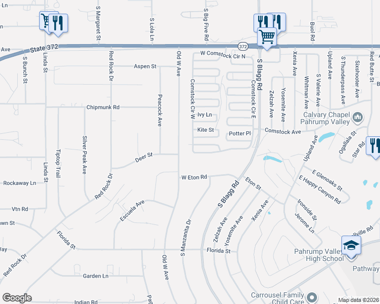 map of restaurants, bars, coffee shops, grocery stores, and more near 1510 Comstock Circle West in Pahrump
