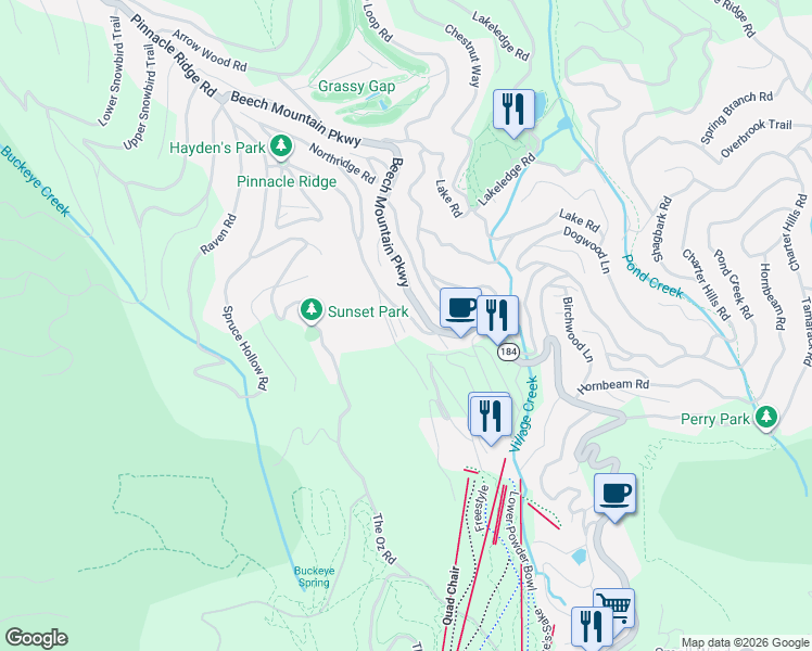 map of restaurants, bars, coffee shops, grocery stores, and more near 105 Upper Holiday Lane in Beech Mountain