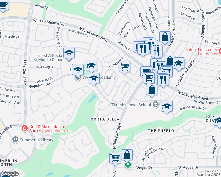 map of restaurants, bars, coffee shops, grocery stores, and more near 2021 Waterbury Lane in Las Vegas