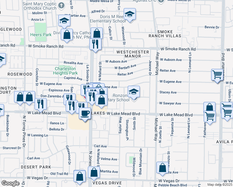 map of restaurants, bars, coffee shops, grocery stores, and more near 2115 Winwood Street in Las Vegas