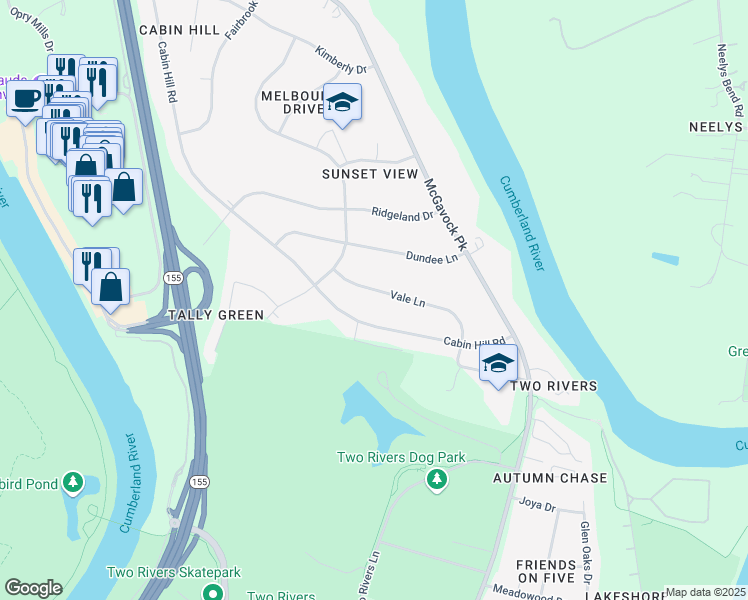 map of restaurants, bars, coffee shops, grocery stores, and more near 2411 Vale Lane in Nashville